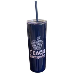 Maars Navy Blue & Pink Teach & Inspire Metal Tumbler Cup w/ Lid & Straw Travel C